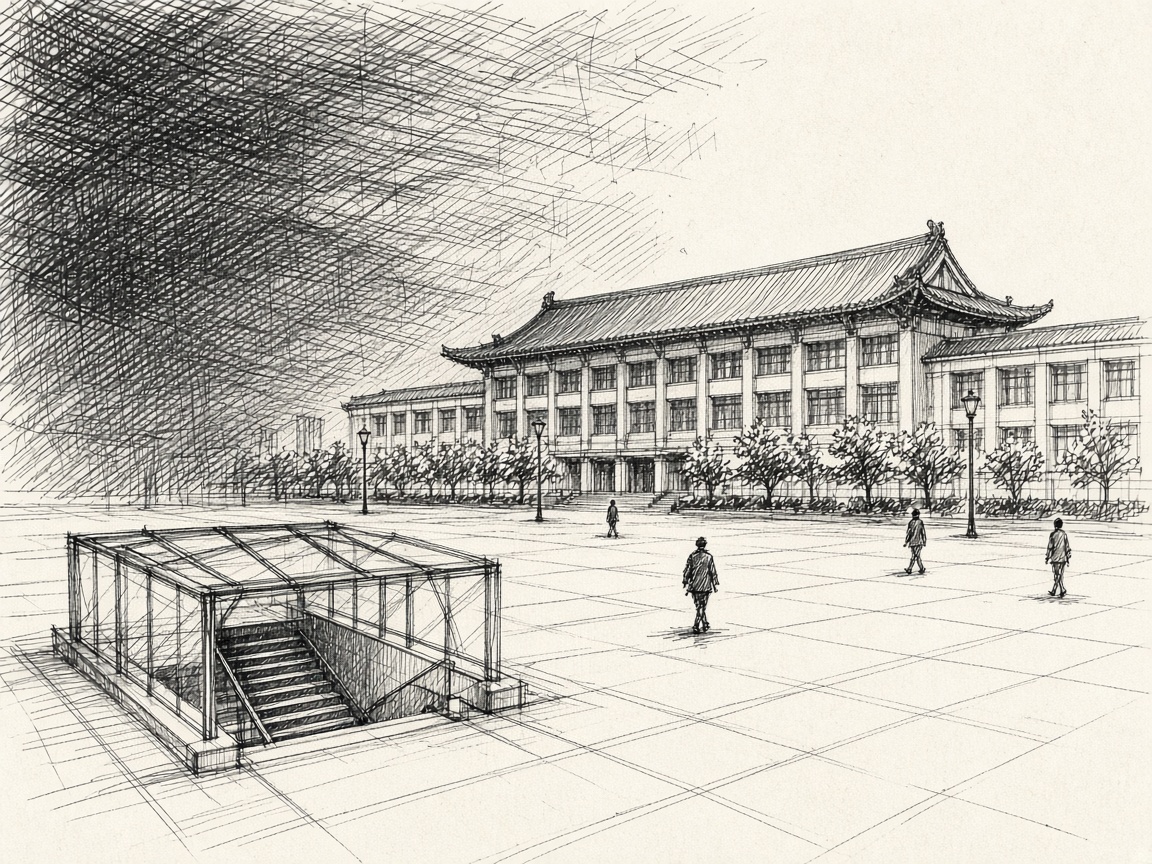 罗湖口岸广场，前景是地铁出入口。